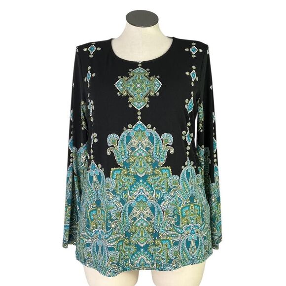 Susan Graver Button Front Vest Set Women L Black Teal Green Chiffon Knit Paisley - Picture 7 of 12